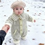 [66-100cm] グリーン×グレー ボーダー カバーオール&マフラー - Image 3