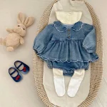 [66-90cm] フリルデニム ロンパース - Image 10