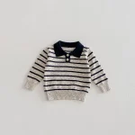 [80-130cm]セーター poloデザイン ボーダー  ルーズ カジュアル トップス - Image 3