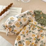 [66-90cm]ロンパース グリーン襟 可愛い 花柄 ロンパース - Image 9