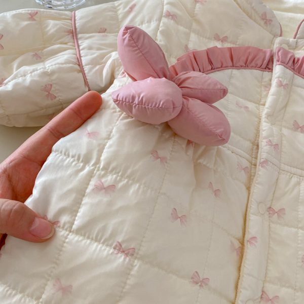 [66-90cm]蝶結び プリント 立体フラワー カバーオール