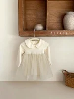 [73-100cm]ロンパース 丸襟 チュール リボン おしゃれ - Image 6