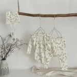 [66-90cm]花柄 帽子付き ロンパース  + ボトムス - Image 3