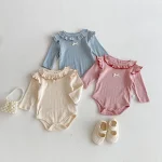 [66-90cm] リボン 肩フリル ロンパース - Image 5