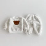 [80-130cm] ノーカラー ウサギor熊柄 ボア セットアップ