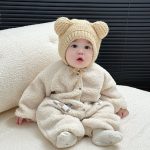 [66-90cm] もこもこ チェック ポケット ロンパース - Image 9