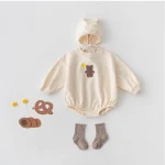 [66-100cm] ボンネット付き 熊柄 ロンパース - Image 2