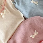 [66-90cm] リボン 肩フリル ロンパース