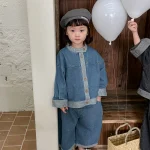 [80-140cm] スタンドカラー 前開き デニム セットアップ - Image 4