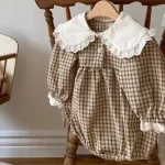 [66-90cm]ロンパース 丸襟 チェック柄 可愛い ベビー服