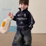 [90-140cm]クール 裏起毛 スタンドネック トレーナー/デニムパンツ