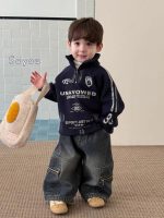 [90-140cm]クール 裏起毛 スタンドネック トレーナー/デニムパンツ