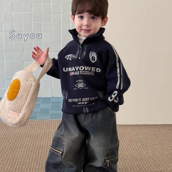 [90-140cm]クール 裏起毛 スタンドネック トレーナー/デニムパンツ