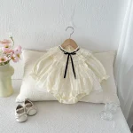 [66-90cm]ロンパース リボン レース襟 定番 肌触り良い ベビー服 - Image 2