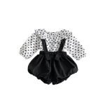 [66-100cm]2点セット フリル襟 ドット シャツ & サロペット - Image 7