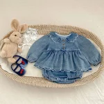 [66-90cm] フリルデニム ロンパース - Image 6