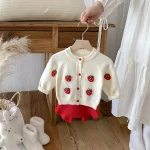 [66-90cm]2点セット 韓国風 イチゴ カーディガン&ボトムス - Image 4