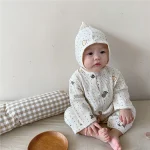 [66-90cm]帽子付き 梨柄 ワッフル オールインワン or セットアップ