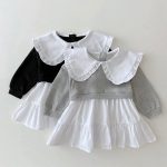 [80-120cm]折り襟 バイカラー 重ね着風 長袖 ワンピース - Image 3