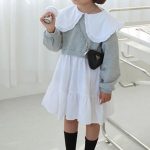 [80-120cm]折り襟 バイカラー 重ね着風 長袖 ワンピース - Image 8