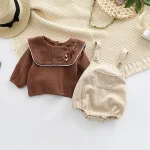 [66-100cm]秋-新作 リススクエア襟 シャツ ORサロペット ロンパース - Image 2