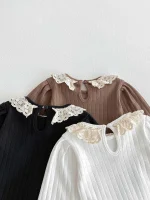 [66-90cm] レース襟リブ ロンパース - Image 3