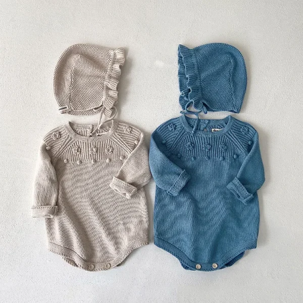 [66-90cm] 花柄編み ロンパースOR帽子