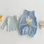 [66-100cm] カモデザイン サロペット & ボーダー シャツ 2点セット - Image 6