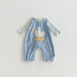 [66-100cm] カモデザイン サロペット & ボーダー シャツ 2点セット - Image 5