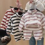 [80-160cm]ボーダー柄 もこもこ スタンドネック ルームウェア - Image 2