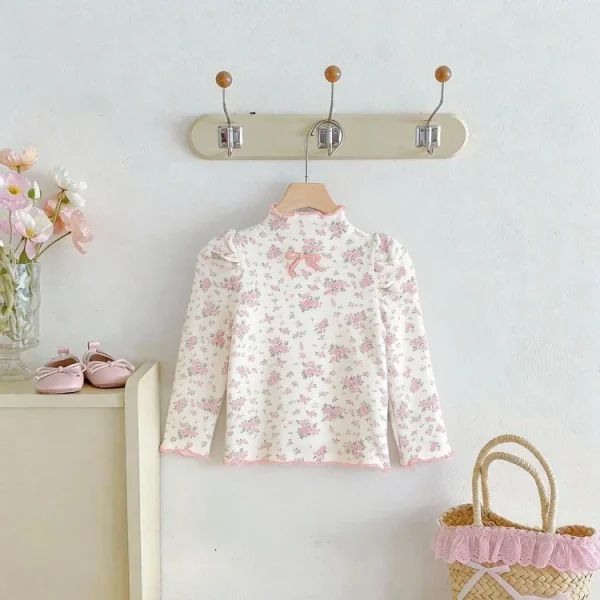 [73-120cm]Tシャツ 韓国風 小花柄 リボン 可愛い トップス