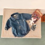 [66-90cm]デニムロンパース カジュアル 定番 折り襟 ベビー服