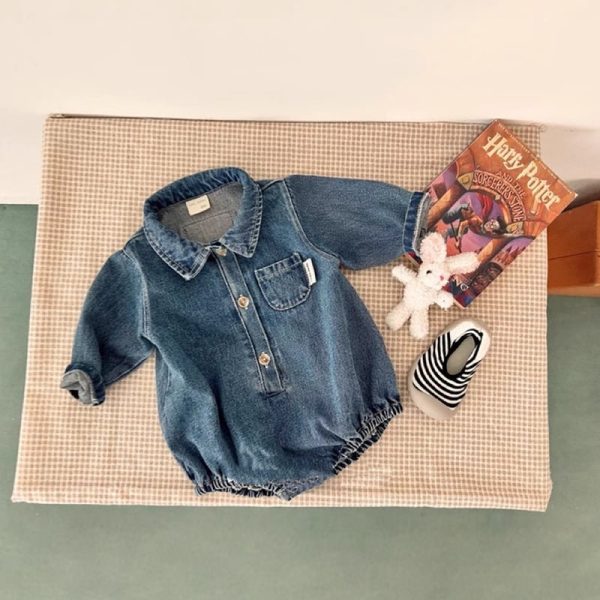 [66-90cm]デニムロンパース カジュアル 定番 折り襟 ベビー服
