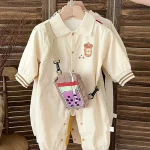 [66-90cm] チェック襟 車プリント オールインワン - Image 5