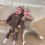 [66-90cm] 帽子付き ボーダー オールインワン - Image 6