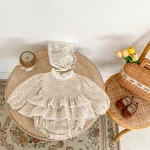 [66-90cm] 小花柄 リネン ロンパース - Image 3