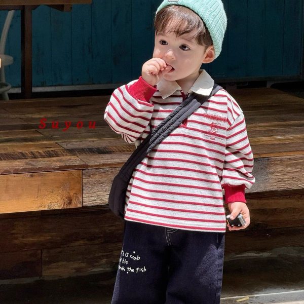 [90-140cm]ボーダー柄 POLOネックトップス