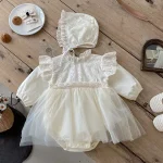 [66-90cm] 肩フリル レース ロンパース