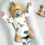 [66-90cm] 帽子付き 恐竜プリント ロンパース - Image 3