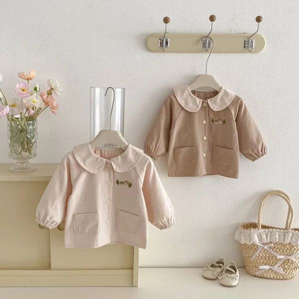 [73-110cm]シャツ 丸襟 花刺繡 シンプル 定番 ディリー