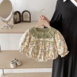 [66-90cm]ロンパース グリーン襟 可愛い 花柄 ロンパース - Image 4