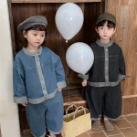 [80-140cm] スタンドカラー 前開き デニム セットアップ - Image 8