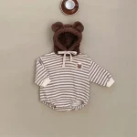 [66-90cm] 熊デザイン ボーダー ロンパース - Image 5