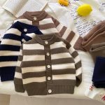 [66-90cm] ボーダー ニット カーディガン&パンツ セット - Image 4