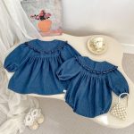 [66-120cm]ロンパースorワンピース フリル襟 デニム 姉妹服 - Image 2