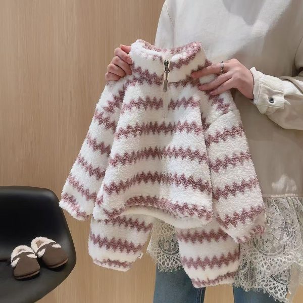 [80-160cm]ボーダー柄 もこもこ スタンドネック ルームウェア