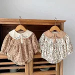 [66-90cm] 丸襟 小花柄 ロンパース - Image 7