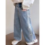 [90-140cm]リボン付き デニム ロングパンツ - Image 6