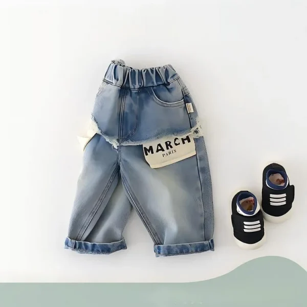 [73-110cm]デニム パンツ 英字柄 カジュアル 履きやすい ボトムス