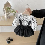 [66-100cm]2点セット フリル襟 ドット シャツ & サロペット - Image 5